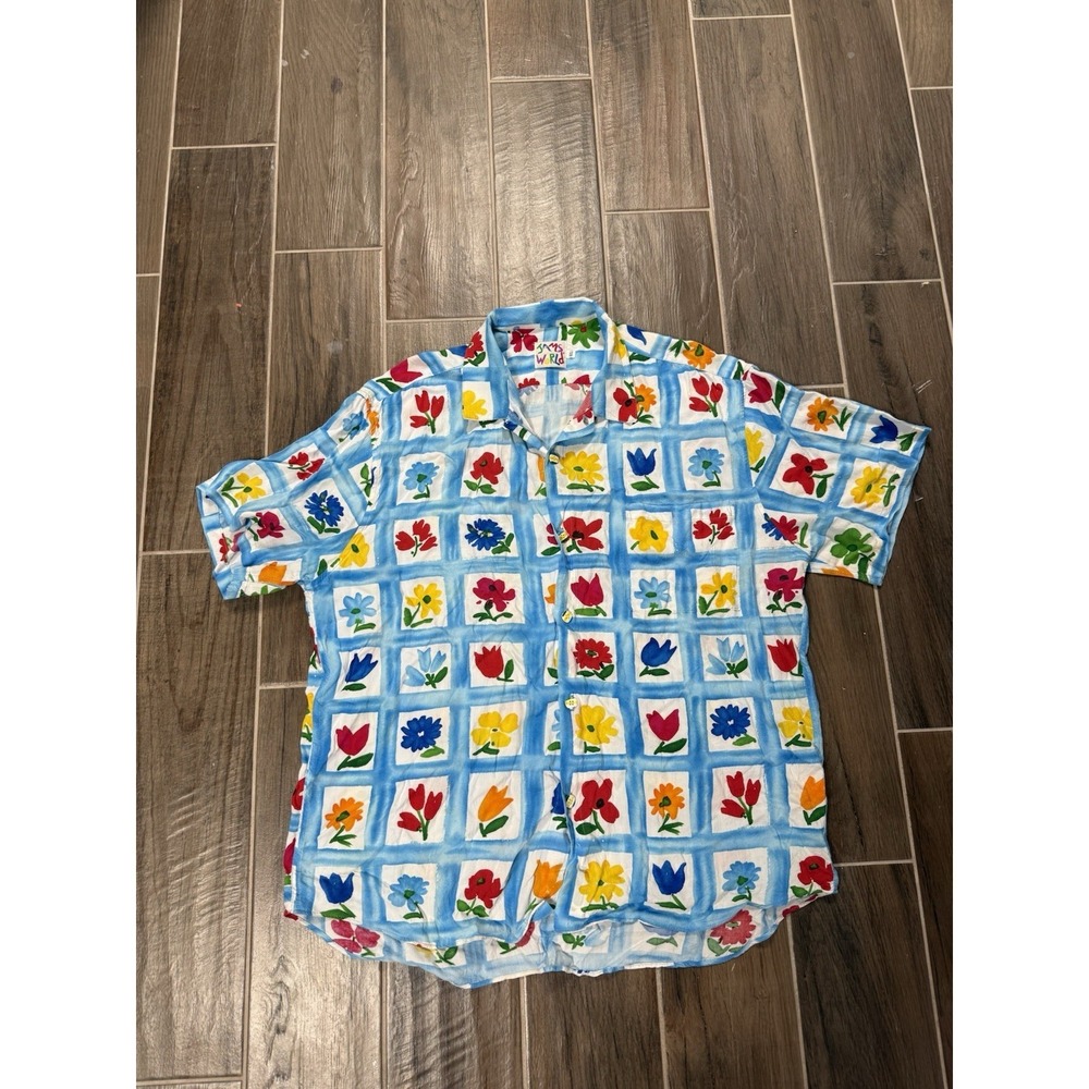 Jams World Button Shirt 100% Rayon Hawaiian Vintage Art Paint Brush Flowers XL